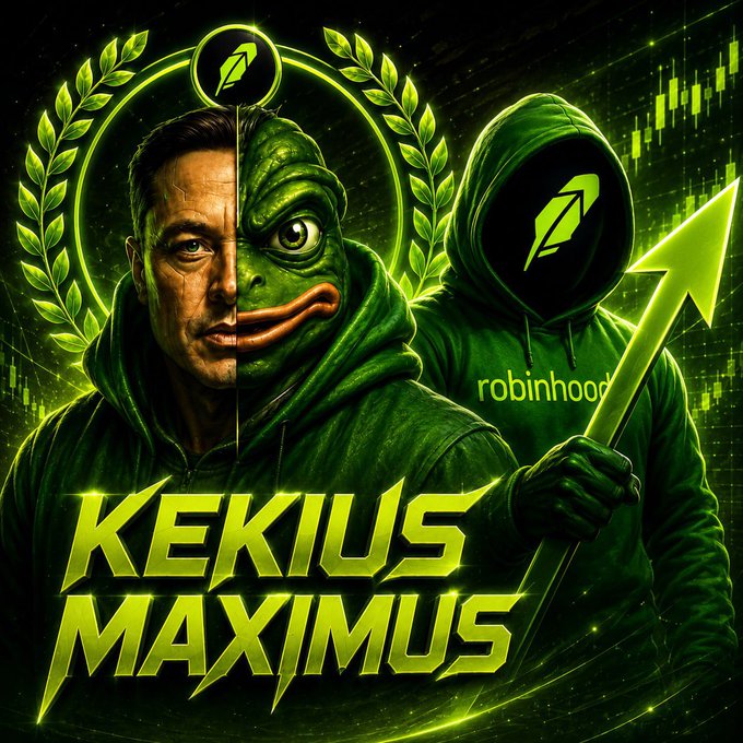 A meme graphic featuring a split image of Elon Musk and the Pepe the Frog character, with a hooded figure wearing 'robinhood' text and the large green label 'KEKIUS MAXIMUS'.