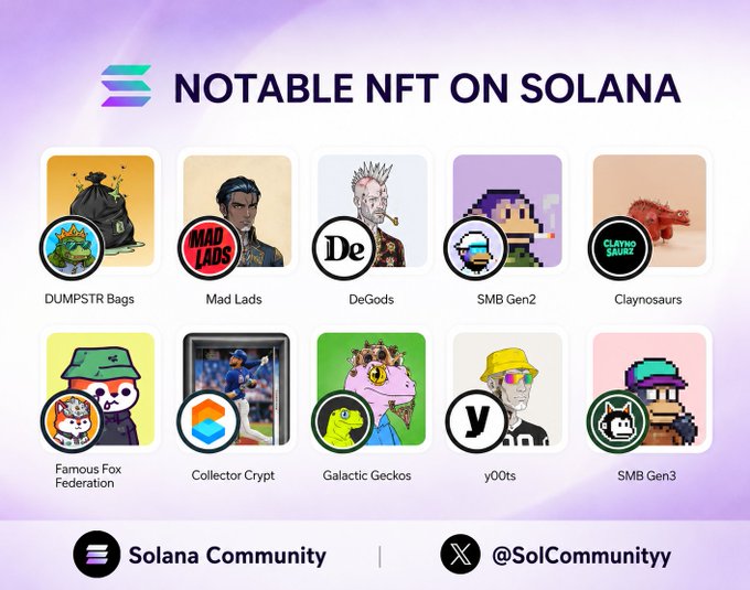 Promotional graphic titled 'NOTABLE NFT ON SOLANA' showcasing collections including DUMPSTR Bags, Mad Lads, DeGods, SMB Gen2, Claynosaurz, Famous Fox Federation, Collector Crypt, Galactic Geckos, y00ts, and SMB Gen3, by Solana Community (@SolCommunityy).