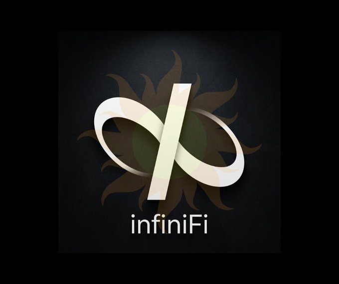 A 3D logo for 'infiniFi' featuring a stylized infinity symbol intertwined with a line, set against a dark background with a subtle sun motif.