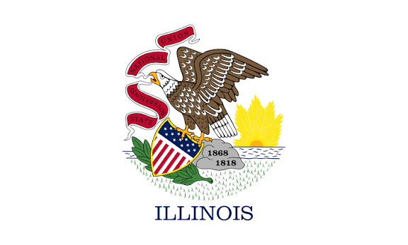 The image features an illustration of the state flag of Illinois with an eagle holding a banner that displays "Illinois 1869 1818". The flag, combined with some text from the post, presents a combination of patriotic symbolism and recent news about cryptocurrency regulation in Illinois. It seems as though these two elements are being presented together to create a cohesive visual narrative related to digital asset regulation within the state.
