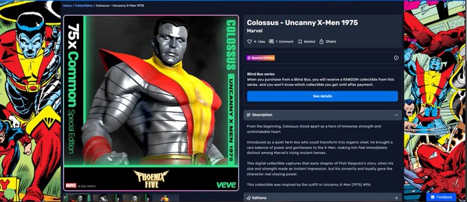 A VeVe digital collectible listing for 'Colossus - Uncanny X-Men 1975 Marvel' shown as a 75x Common Special Edition collectible in the Phoenix Five collection.