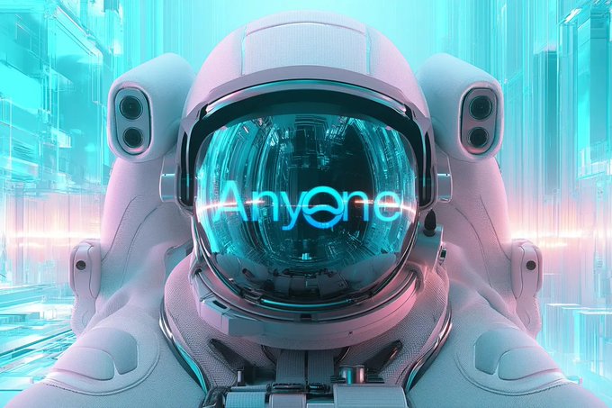 The image features an astronaut wearing a white helmet with blue neon lights, giving them a futuristic appearance. The caption reads "The build continues, with the release of a new client, the Anyone hidden ecosystem and more in May." This suggests that there is ongoing development or progress related to the project named "anyone-protocol" on May.