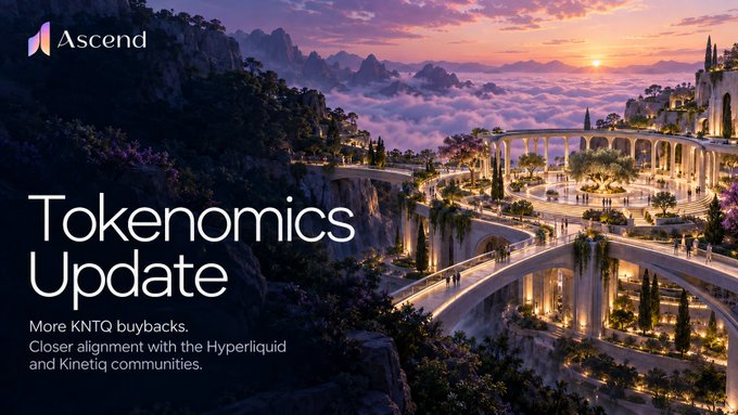 The image is a promotional graphic for "Ascend" featuring a stunning fantasy landscape of an ornate hillside city at sunset, with text announcing a "Tokenomics Update" highlighting more KNTO buybacks and closer alignment with the Hyperliquid and Kinetiq communities—directly supporting the bullish sentiment expressed in the post about Ascend (KNTO) responding to community feedback.