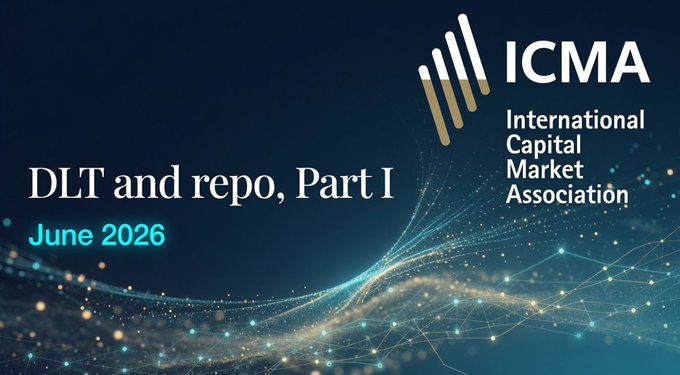 The image features a blue background with white text that reads "ICMA Dlt and repo, Part I June 2026" at the top of the screen. Below this, there's an image of a wave-like pattern with gold lines radiating outwards from it. The caption below the image states "New Scoop Breaking Report #CC @CantonNetwork shines as a game-changer in the DLT repo market".