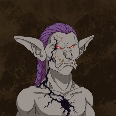 A digital illustration of a gray-skinned orc-like character with pointed ears, red eyes, purple braided hair, facial scars, and a glowing crack of dark energy on its chest.