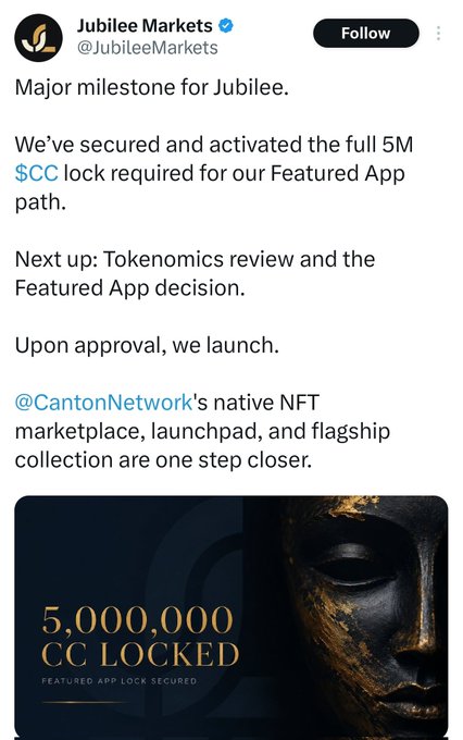 A social media post from 'Jubilee Markets' (@JubileeMarkets) announcing '5,000,000 CC LOCKED' and discussing a 'Featured App' path and the 'Canton Network' NFT marketplace.