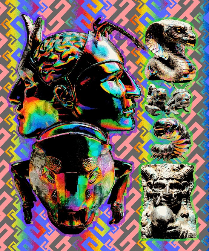The image features a vibrant and colorful poster with various sculptures and illustrations. The poster includes a large head of a lion, a sculpture of a person's face, and other artworks that depict ancient Mesoamerican artifacts. The colors used are predominantly pink, blue, green, and yellow, creating an eye-catching and artistic display. The image is related to the post because it showcases digital art inspired by Mesoamerican sculptures, which could be part of a larger event or exhibition at the @anahuacalli museum.