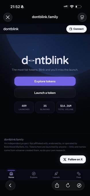 The image shows the dontblink.family website landing page displaying the dontblink token launch platform with stats of 409 launches, 35 blinkings, and $14.36M total volume. The accompanying post highlights how this $14.36M total volume has generated $71,800 in daily income, with 33.7% coming from transaction fees on new tokens within just the first day.