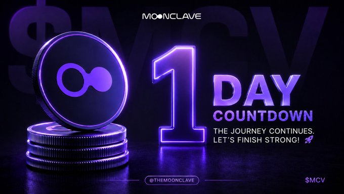 A purple-themed '1 DAY COUNTDOWN' graphic for Moonclave featuring the Infinity logo on coins, with the text 'THE JOURNEY CONTINUES. LET'S FINISH STRONG!' and handles '@THEMOONCLAVE' and '$MCV'.