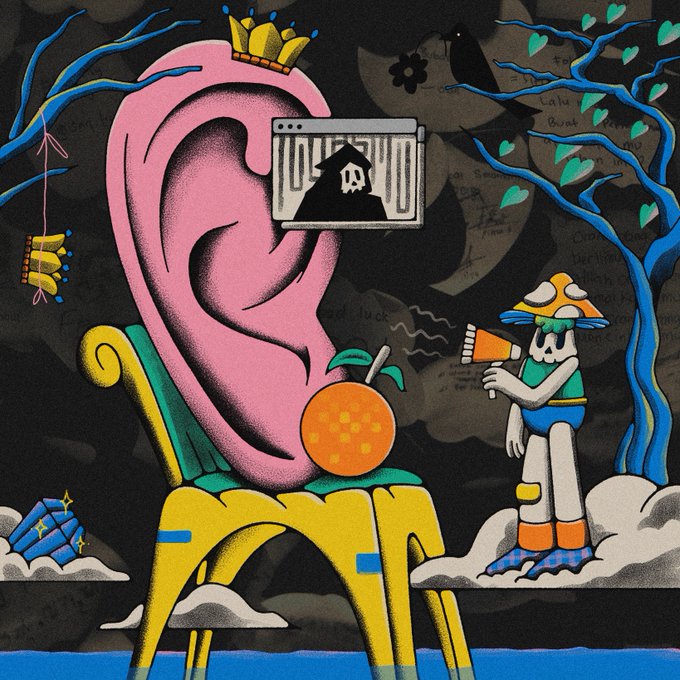 A colorful surreal illustration showing a large pink ear wearing a crown, a small character with a megaphone, and a browser window with a house icon, set against a dark background with text and trees.