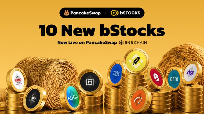 PancakeSwap and BNB Chain announce 10 new bStocks now live, featuring tokenized stocks of AI-era companies like TSMC ($TSMB), Broadcom ($AVGOB), Arm ($ARMB), Marvell ($MRVLB), Applied Optoelectronics ($AAOIB), and Nokia ($NOKB), represented as gold coins with their respective logos displayed against a yellow background with haystacks.