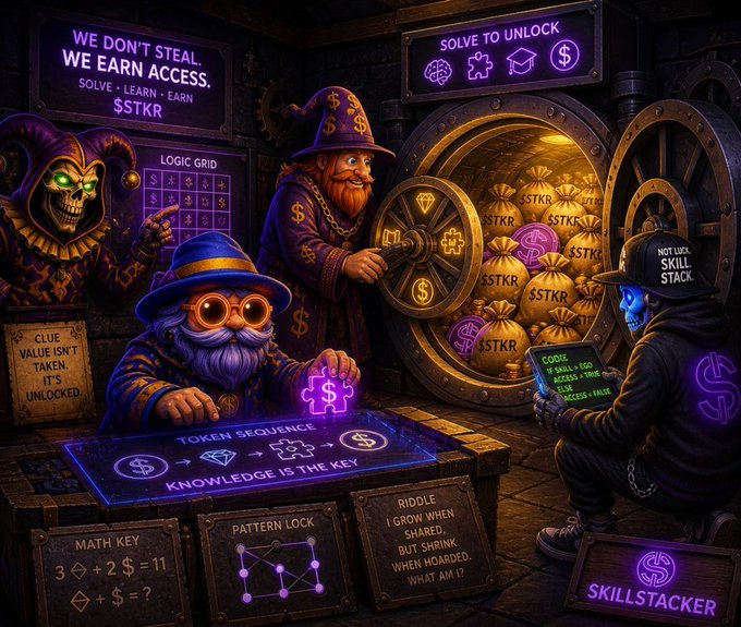 A colorful digital illustration depicting a 'SKILLSTACKER' themed scene with characters including a jester, wizards, and a hacker around a vault of gold bags marked '$STKR', with signs reading 'WE DON'T STEAL. WE EARN ACCESS.' and puzzle clues.