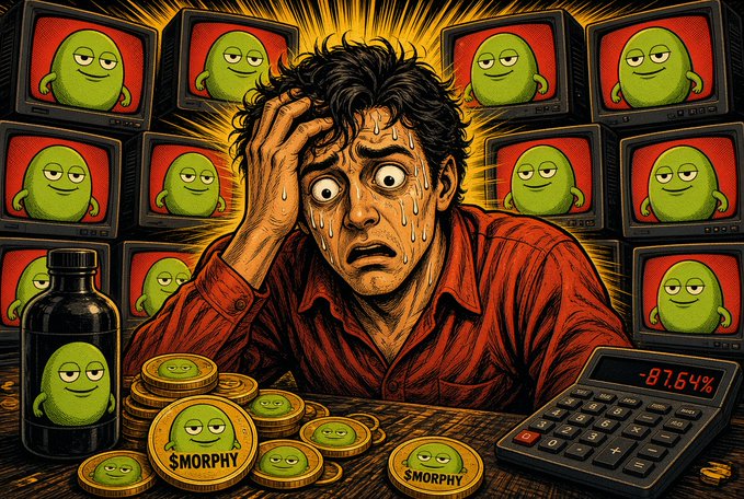 A distressed man sweats while surrounded by TVs, coins, and a calculator displaying "-87.64%" alongside "This is fine" meme references, visually capturing the panic and absurdity of holding $MORPHY through an 87% crash as the green "blob" mascot taunts from every screen.