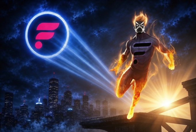 An illustration of a superhero figure with a flaming aura standing on a rooftop with a city skyline in the background, while a beam of blue light shines from a circular pink logo.