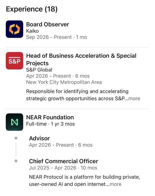 The image displays a LinkedIn-style Experience section listing three current roles: **Board Observer at Kaiko** (Sep 2026 - Present), **Head of Business Acceleration & Special Projects at S&P Global** (Apr 2026 - Present), and dual roles at the **NEAR Foundation** as **Advisor** (Apr 2026 - Present) and former **Chief Commercial Officer** (Jul 2025 - Apr 2026). This supports the post's narrative about a NEAR executive's career progression—transitioning from CCO to Advisor while simultaneously taking on senior roles at S&P Global and Kaiko—coinciding with $NEAR's 6-month price rally, which the poster interprets as coordinated insider maneuvering.
