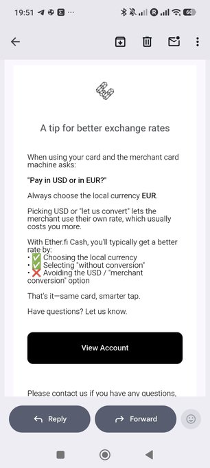 A screenshot of an email from Ether.fi Cash titled "A tip for better exchange rates," advising users to choose EUR (local currency) over USD when paying to avoid high merchant conversion fees. The post highlights how Ether.fi proactively educates users about saving money on currency conversions, reflecting the email's helpful tip on smart card usage abroad.
