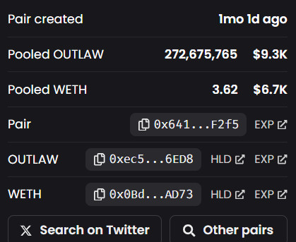 A blockchain explorer screenshot displays details of a newly created liquidity pair on Robinhood Chain, showing 272,675,765 $OUTLAW and 3.62 WETH pooled (~$16K total) in the 0x641...F2F5 pair. The data supports the post's claim of $OUTLAW being the original token on Robinhood Chain, with an active WETH trading pair established just 1 month ago.