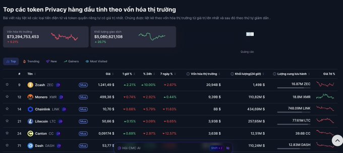 A Vietnamese-language cryptocurrency website displaying 'Top các token Privacy hàng đầu' with a total market cap of $73,294,753,453 and 24-hour volume of $5,080,621,108, listing privacy tokens like Zcash, Monero, and Chainlink.