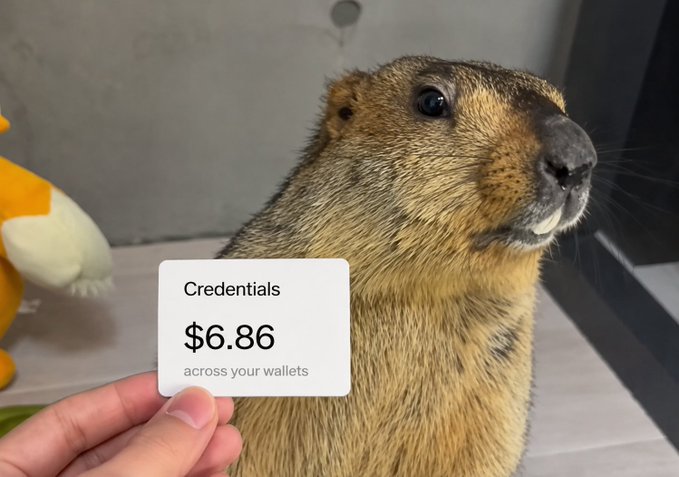 A photograph of a prairie dog mascot plush toy with a hand holding a white card displaying 'Credentials $6.86 across your wallets' in front of it.