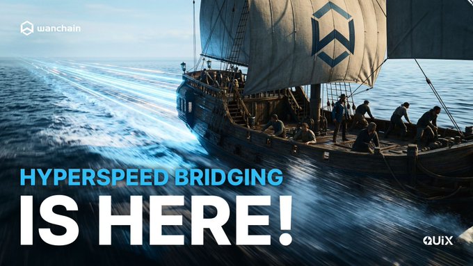 A dramatic image of a pirate-style ship with sails emblazoned with the Wanchain logo sailing at high speed across the ocean, overlaid with bold text reading "HYPERSPEED BRIDGING IS HERE!" The visual metaphor of a fast-moving vessel reinforces the post's theme of Wanchain's accelerated cross-chain bridging capabilities and highlights from their latest monthly review.