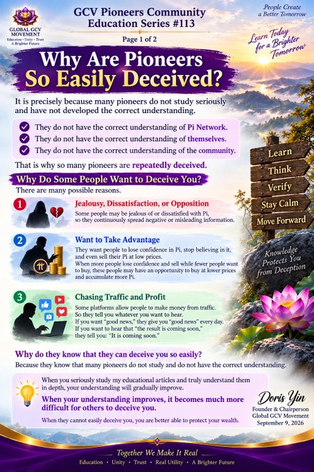 An informational flyer from the 'GCV Pioneers Community' titled 'Why Are Pioneers So Easily Deceived?' authored by Doris Yun, Founder & Chairperson of Global GCV Movement, dated September 9, 2026.