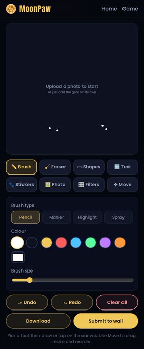A dark-themed web interface for "MoonPaw" featuring an empty canvas with the prompt "Upload a photo to start or just add the gear on its own," along with editing tools including Brush, Eraser, Shapes, Text, Stickers, Photo, Filters, and Move, plus brush type, color, and size options.