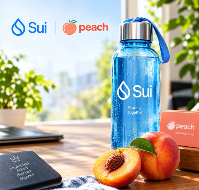 A promotional product image displays a blue Sui-branded water bottle with the tagline 'Flowing Together' alongside fresh peaches, a 'peach More than a link' card, and a notebook labeled 'Hydrated Mind Better Moves' on a sunlit desk.