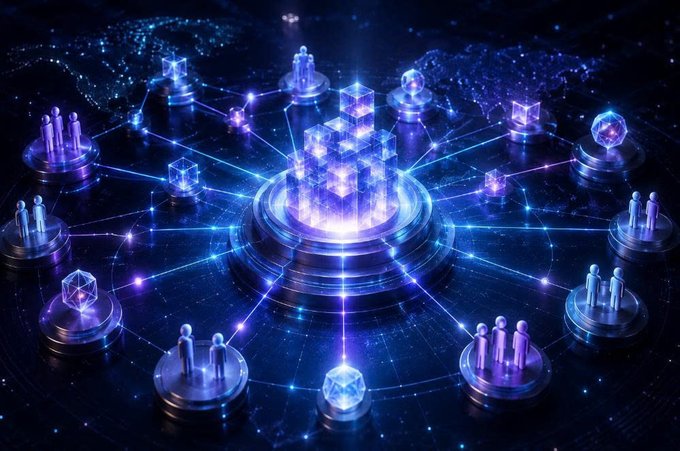 A digital illustration showing a glowing purple and blue network of connected nodes, servers, and people figures arranged on a world map background, representing a decentralized network.