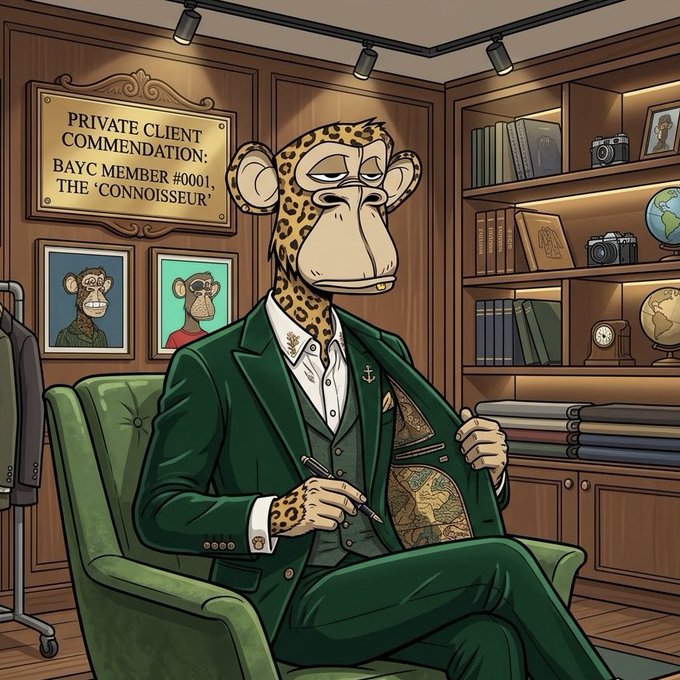 An illustrated cartoon scene features a leopard-headed character wearing a sharp green three-piece suit, seated in a green armchair within a richly wood-paneled office. A brass plaque reads 'PRIVATE CLIENT COMMENDATION: BAYC MEMBER #0001, THE "CONNOISSEUR"', with framed Bored Ape portraits and a bookshelf of globes, cameras, and fabric bolts in the background.