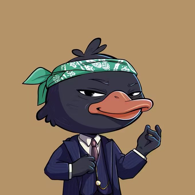 The image features a cartoon duck wearing a bandana, dressed as if he's a businessman or a character from a storybook. The duck has his hands together with one finger extended while holding a tie, giving him an air of professionalism. The background is a light brown color that contrasts nicely with the black and white elements in the image.