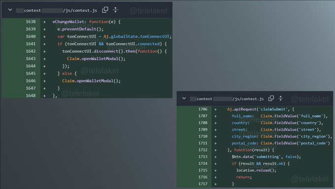 Two code editor windows display JavaScript functions, with the watermark '@telelakel' visible in the corner of each panel.