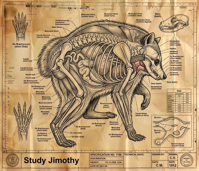 A vintage-style anatomical technical drawing labeled "Study Jimothy" presents detailed skeletal and muscular diagrams of a creature resembling a platypus or similar animal, with the title "Study Jimothy" prominently displayed at the bottom alongside specification number 1198, a 1912 date, and various anatomical labels in Latin terms. The image serves as a whimsical "research study" of the animal named Jimothy, fitting the post's playful reference to studying this creature as a character or meme.