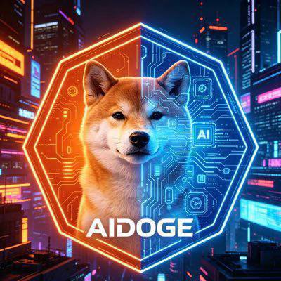The image features an AI-generated Shiba Inu dog inside a neon hexagonal frame with circuit board patterns, set against a vibrant cyberpunk cityscape, with text reading "AIDOGE" and a small "AI" label. This visually reinforces the post's promotion of AIDOGE as an AI-themed meme coin launching on July 4th, merging the iconic Shiba breed (associated with Doge and PEPE) with futuristic AI imagery to highlight its position as an "AI track meme sensation."