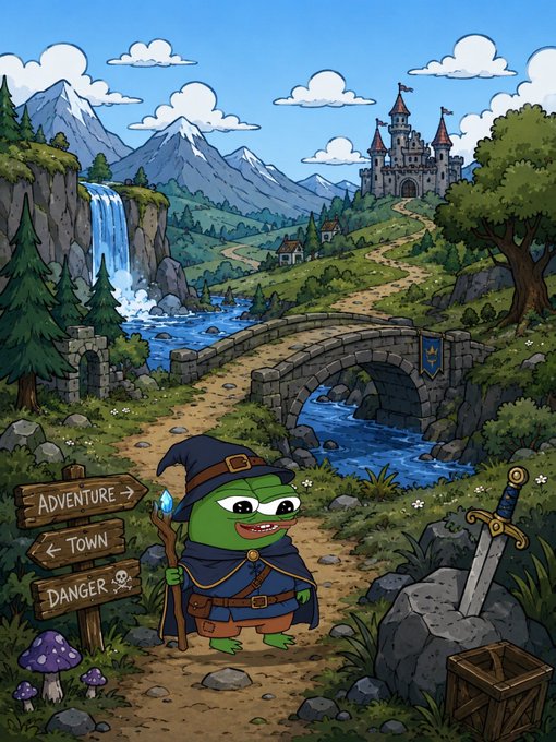 A cartoon illustration of a Pepe the Frog character dressed as a wizard with a staff and pointed hat, standing in a fantasy landscape with a signpost pointing to 'Adventure', 'Town', and 'Danger'.