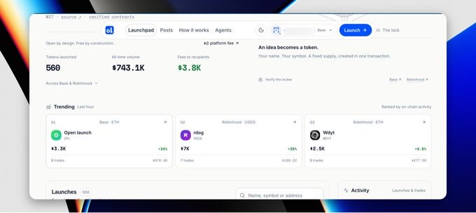A screenshot of the 'OI' (oi.app) crypto launchpad platform showing 560 tokens launched, $743.1K 24-hour volume, and trending tokens like 'Open launch', 'rdog', and 'Wayi'.