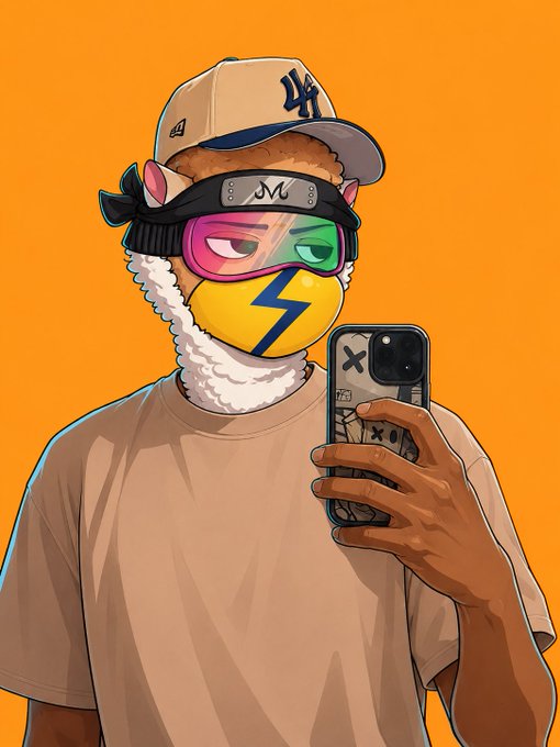 A digital illustration of an anthropomorphic character wearing a beige LA Dodgers cap, a ninja headband with an 'M' symbol, pink and green ski goggles, and a yellow mask with a lightning bolt design, holding up a smartphone to take a selfie against an orange background.