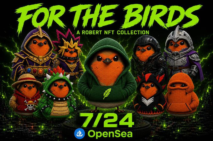 The promotional image advertises the "FOR THE BIRDS" NFT collection by Robert, featuring nine orange knitted birds in various costumes (hooded, armored, dragon, pirate) set against a green lightning backdrop, with the launch date "7/24" and OpenSea logo prominently displayed—supporting the post's announcement that the collection is minting today and featured on the OpenSea homepage.