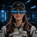 A person in tactical gear wearing a cap and blue reflective sunglasses in a sci-fi setting.