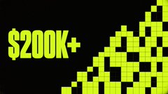 A graphic showing the text '$200K+' next to a green pixelated triangle design on a black background.