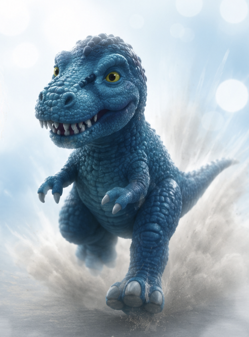 A 3D render of a small, blue, cartoonish T-Rex dinosaur with yellow eyes running through splashing water against a bright sky background.