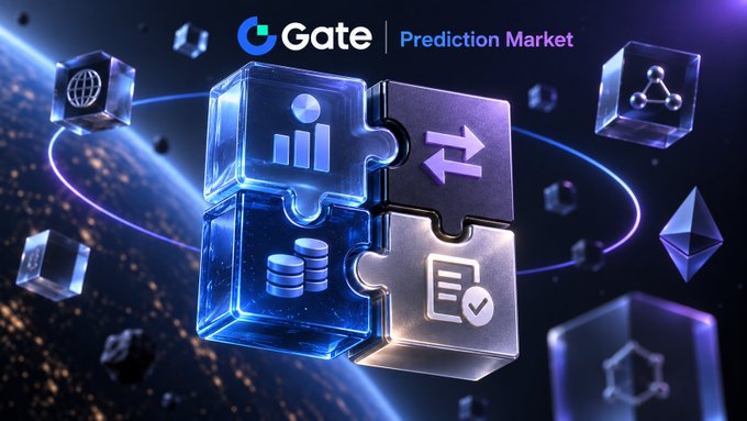 A digital graphic showing floating puzzle pieces with various icons, with the logo 'Gate Prediction Market' at the top.