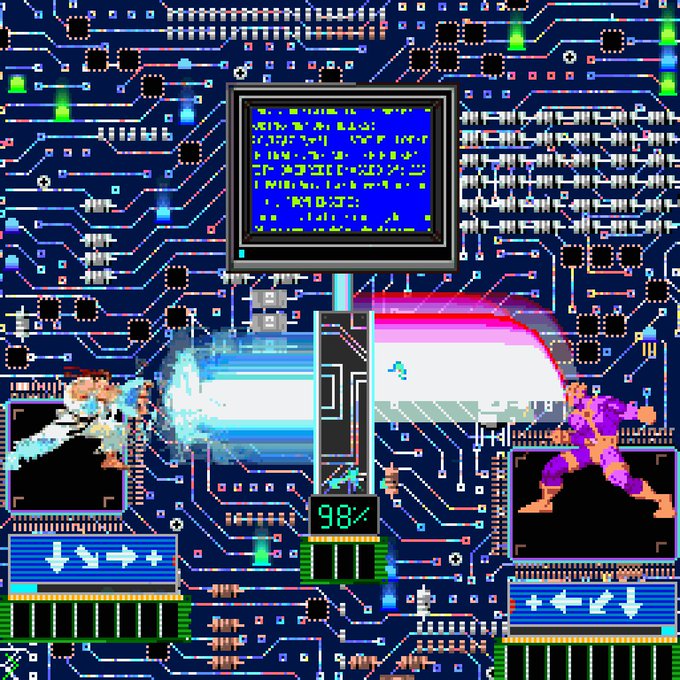 A pixel art scene featuring characters from a fighting game (resembling Street Fighter) battling on a circuit board background with a "98%" charge meter and scoreboards at the bottom.