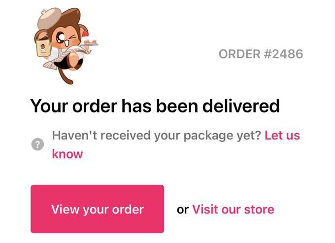 An order confirmation message reading 'Your order has been delivered' for Order #2486, featuring a cartoon character resembling the one in Image 1 serving drinks.