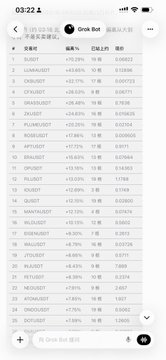 A smartphone screenshot of a crypto trading app at 03:22, displaying a watchlist with trading pairs like SUSDT and DEFI/USDT.