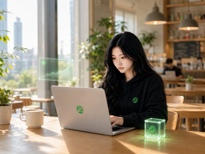 An AI-generated image of a young woman with long dark hair working on a laptop in a bright cafe, with glowing green holographic chart elements floating around her workspace.
