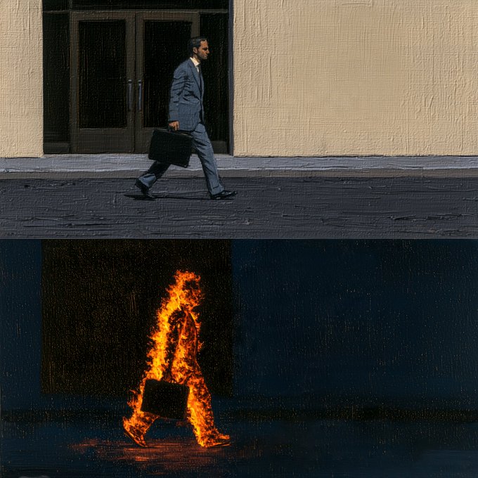 A sharply dressed man carrying a briefcase strides past a puddle whose reflection shows him engulfed in flames. The surreal image suggests that even feeling “on fire” at work is “all in a day’s work.”