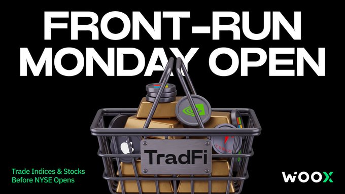 A promotional graphic with large white text reading "FRONT-RUN MONDAY OPEN" above a 3D shopping cart filled with gold bars, featuring logos for TradFi and WOOX, and text stating "Trade Indices & Stocks Before NYSE Opens."