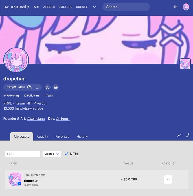 A screenshot of an 'xrp.cafe' profile for 'dropchan' describing an 'XRPL x Kawaii NFT Project' with 10,000 hand-drawn drops, showing 9 Following, 10 Followers, and 1 Team, along with a 60.0 XRP asset.