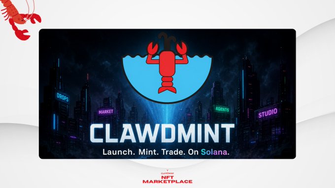 The image features an advertisement for a cryptocurrency trading platform called "clawdmint". It shows a red crab sitting inside a blue shell, symbolizing the start of an online trading adventure. The scene takes place in front of a city skyline, creating a futuristic atmosphere. The advertisement highlights that this marketplace is open for trading and encourages users to set their strategies on Solana, with some even suggesting they have already started deploying their collections.