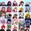 A collection of pixel art character sprites arranged in rows, depicting various fantasy characters including warriors, wizards, and creatures with a distinct retro gaming aesthetic.